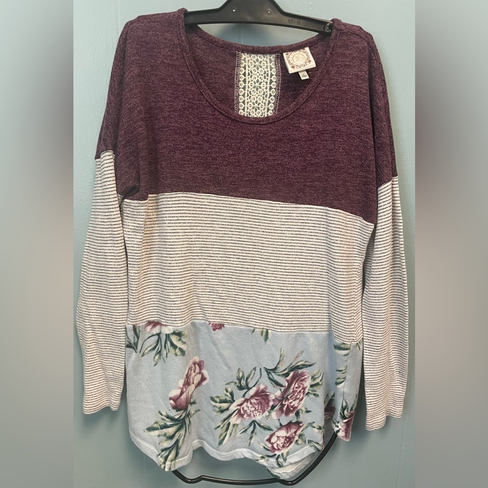 Burgundy and Blue Floral Striped Top
